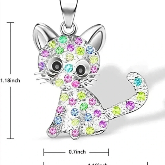 Colorful Rhinestone Silver Cat Pendant Necklace - Picture 2 of 3